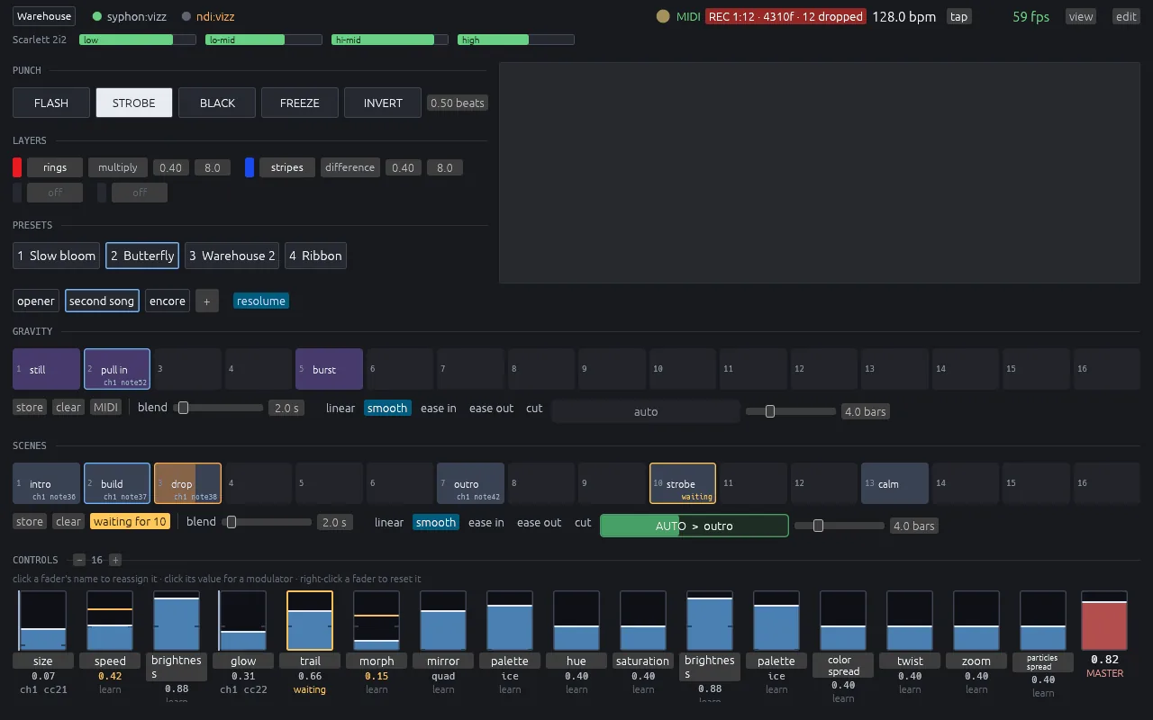 The vizz performance layout: status strip, punch row, scene grid, gravity grid, preset row and a row of faders.