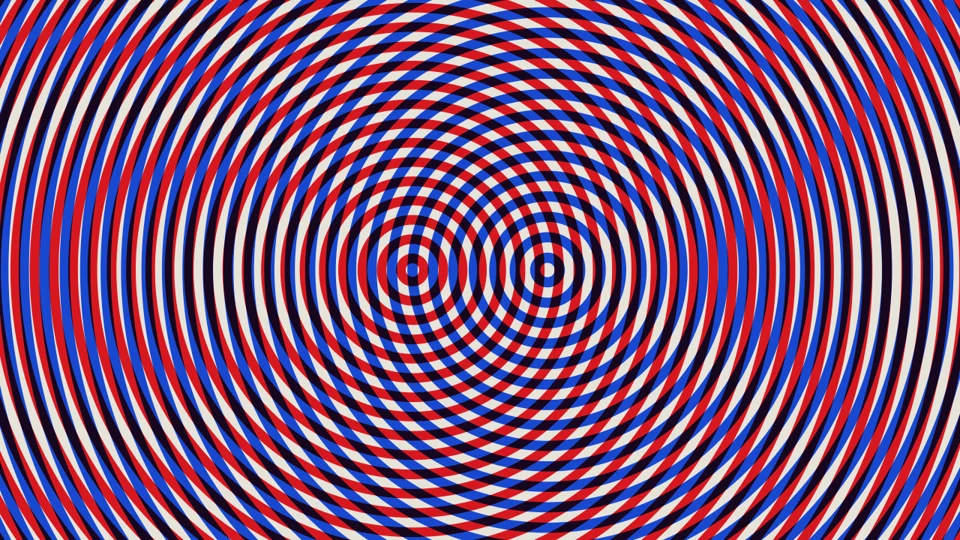 Two ring fields multiplied into red and blue moiré interference.