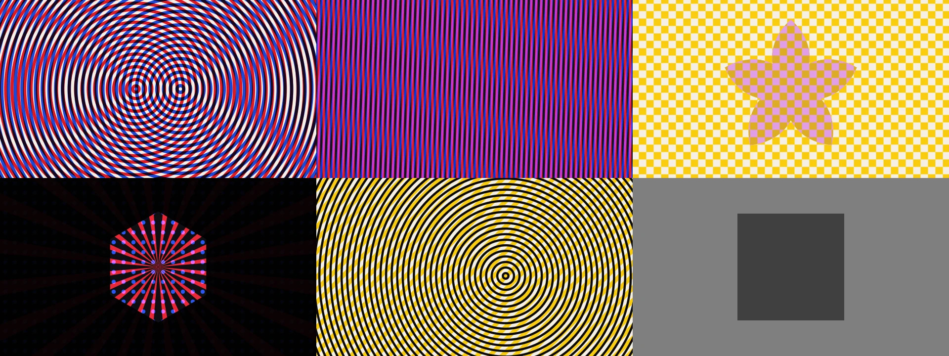 Six vector looks: ring moiré, stripe difference, checker and star, dots and rays, kaleidoscope, grey multiply test.