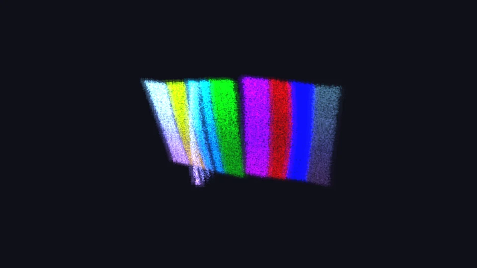A video test pattern rendered as a particle cloud, its colour bars standing at different depths.