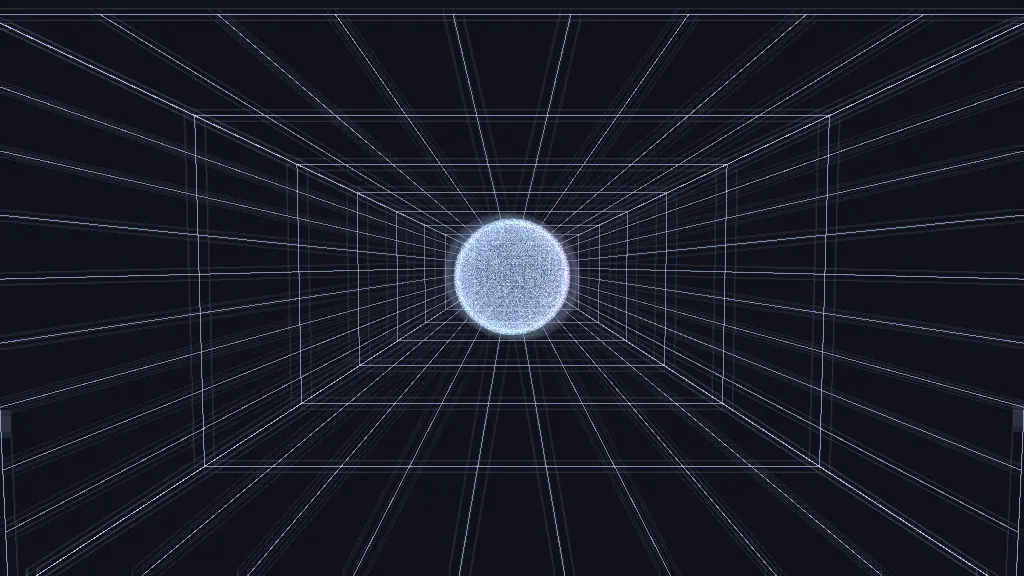 A particle sphere inside a wireframe room in forced perspective